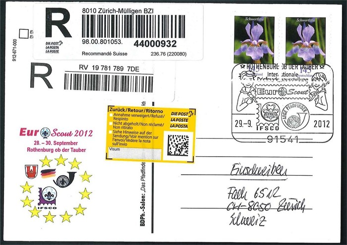 Eingeschriebene Sendung Ausland, offizielle Sonderpostkarte (Auflage 400 Stück), entwertet mit dem Sonderstempel des EuroScout. Für Einschreibepostkarten nach dem Ausland wurden 